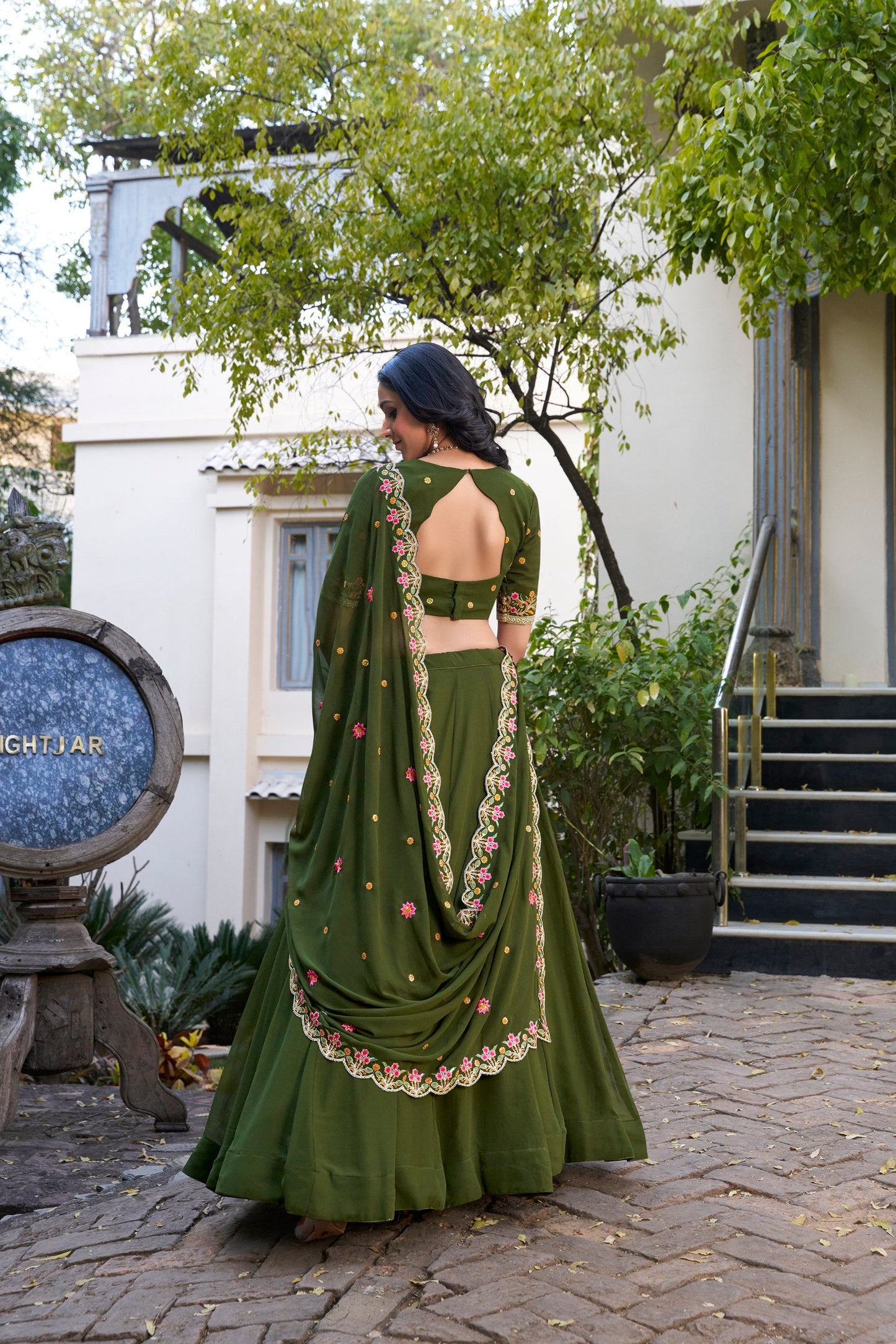 Party Wear Mahendi Green Color Georgette With Thread Embroidery Work Designer Lehenga Choli