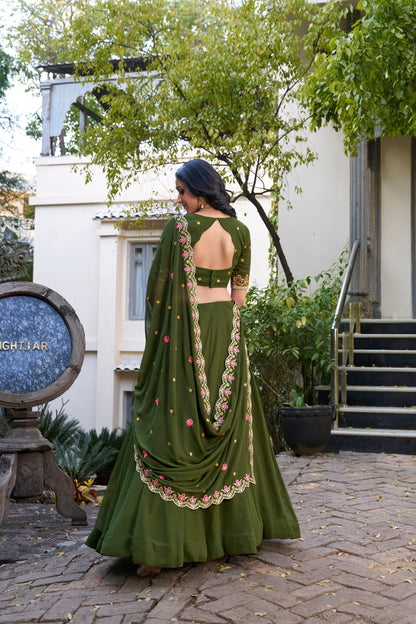 Party Wear Mahendi Green Color Georgette With Thread Embroidery Work Designer Lehenga Choli