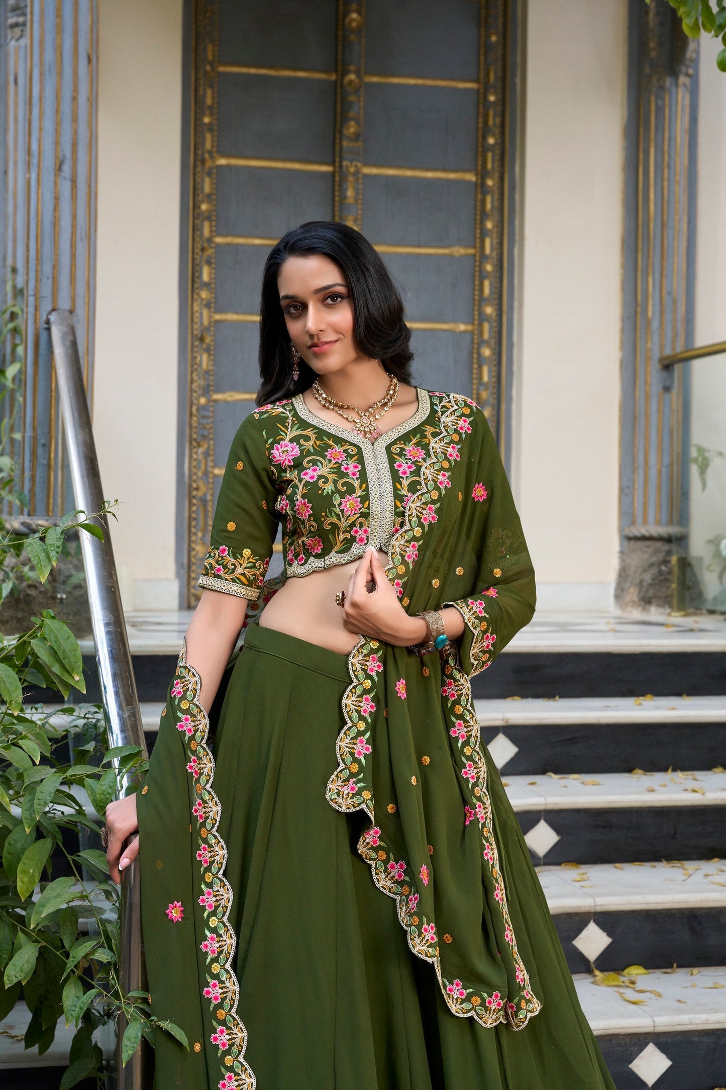 Party Wear Mahendi Green Color Georgette With Thread Embroidery Work Designer Lehenga Choli