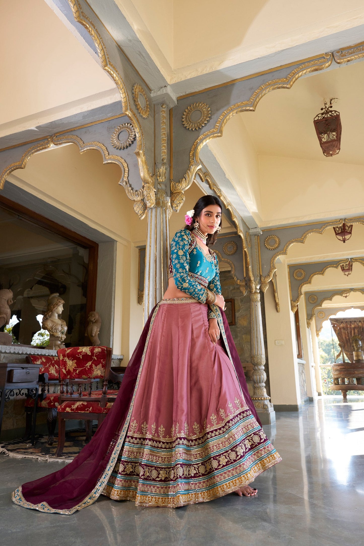 Ravishing Peach Color Moonga Silk With Sequins And Thread Embroidery Work Bridal Wear Lehenga Choli