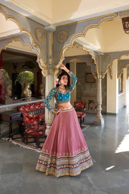 Ravishing Peach Color Moonga Silk With Sequins And Thread Embroidery Work Bridal Wear Lehenga Choli