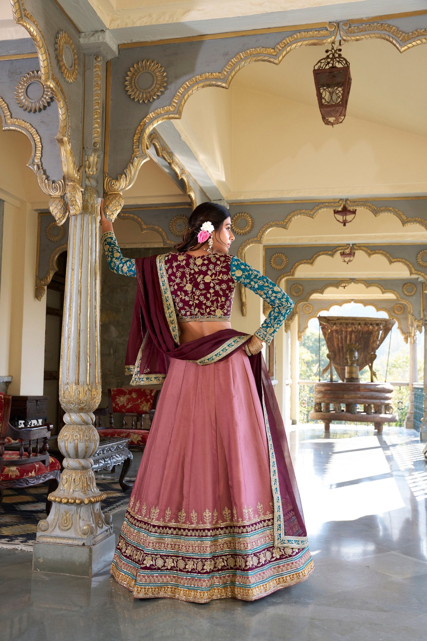 Ravishing Peach Color Moonga Silk With Sequins And Thread Embroidery Work Bridal Wear Lehenga Choli