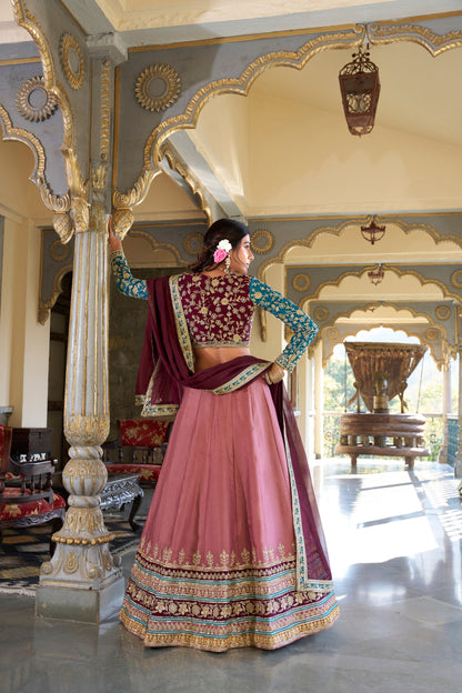 Ravishing Peach Color Moonga Silk With Sequins And Thread Embroidery Work Bridal Wear Lehenga Choli