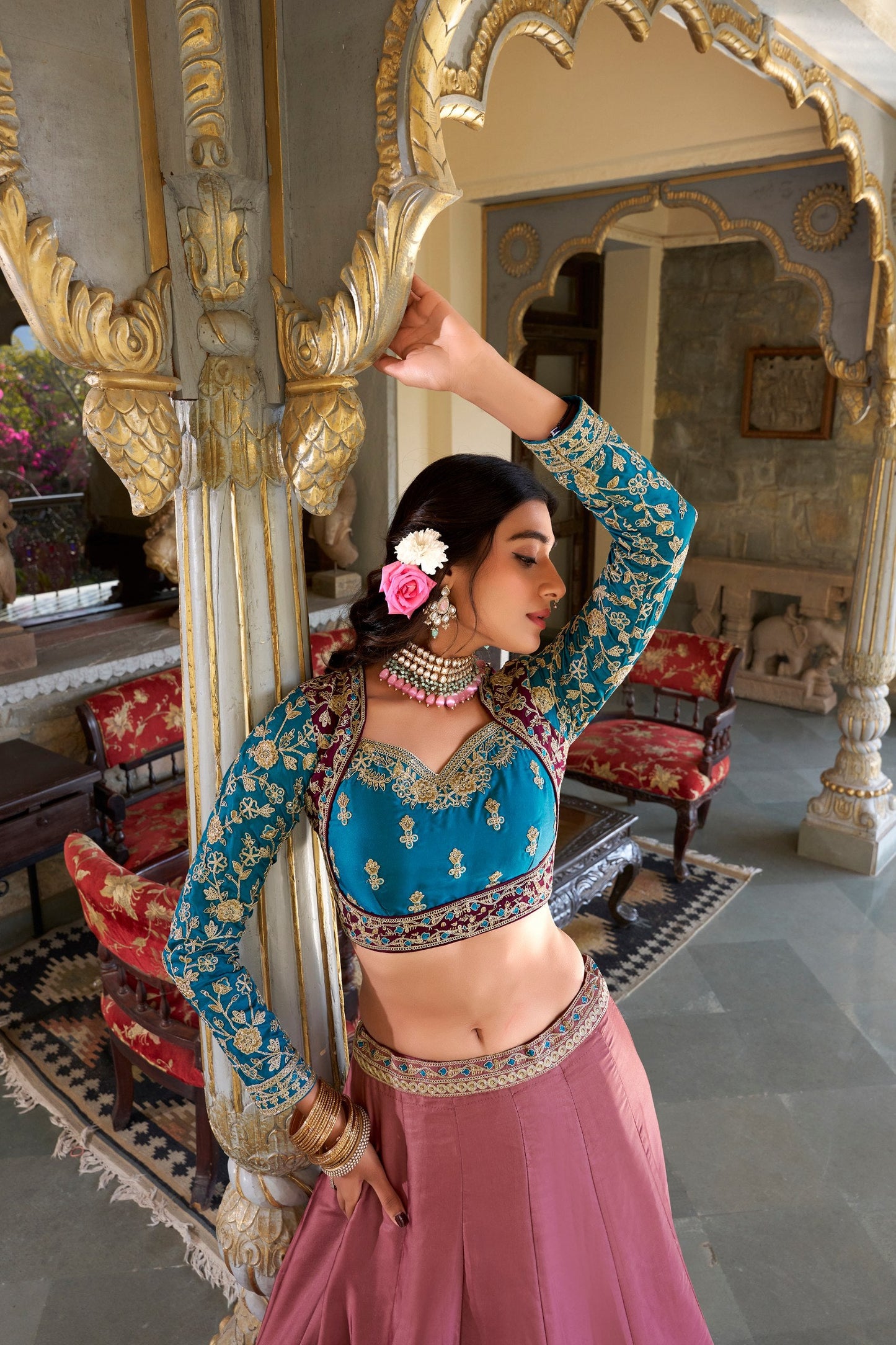 Ravishing Peach Color Moonga Silk With Sequins And Thread Embroidery Work Bridal Wear Lehenga Choli