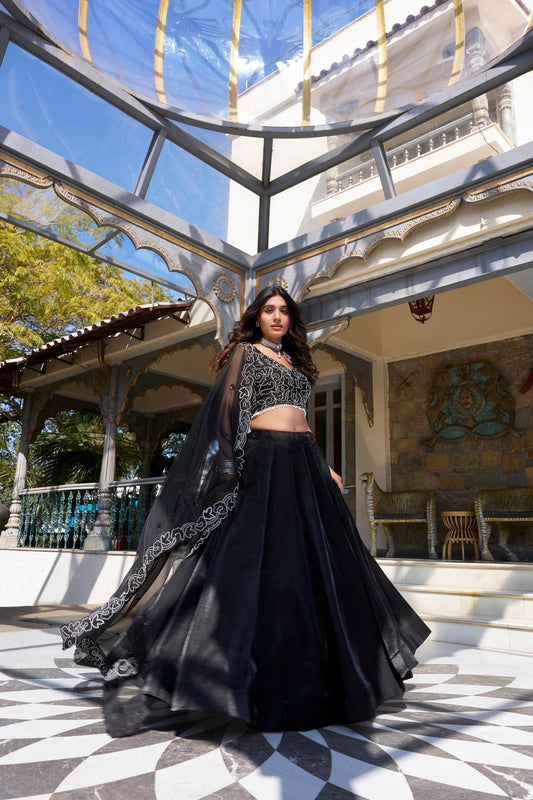 Function Wear Black Color Star Satin And Drawstring With Zip Designer Lehenga Choli