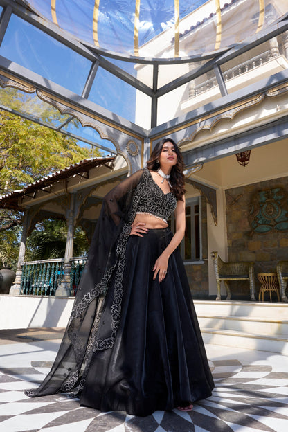 Function Wear Black Color Star Satin And Drawstring With Zip Designer Lehenga Choli