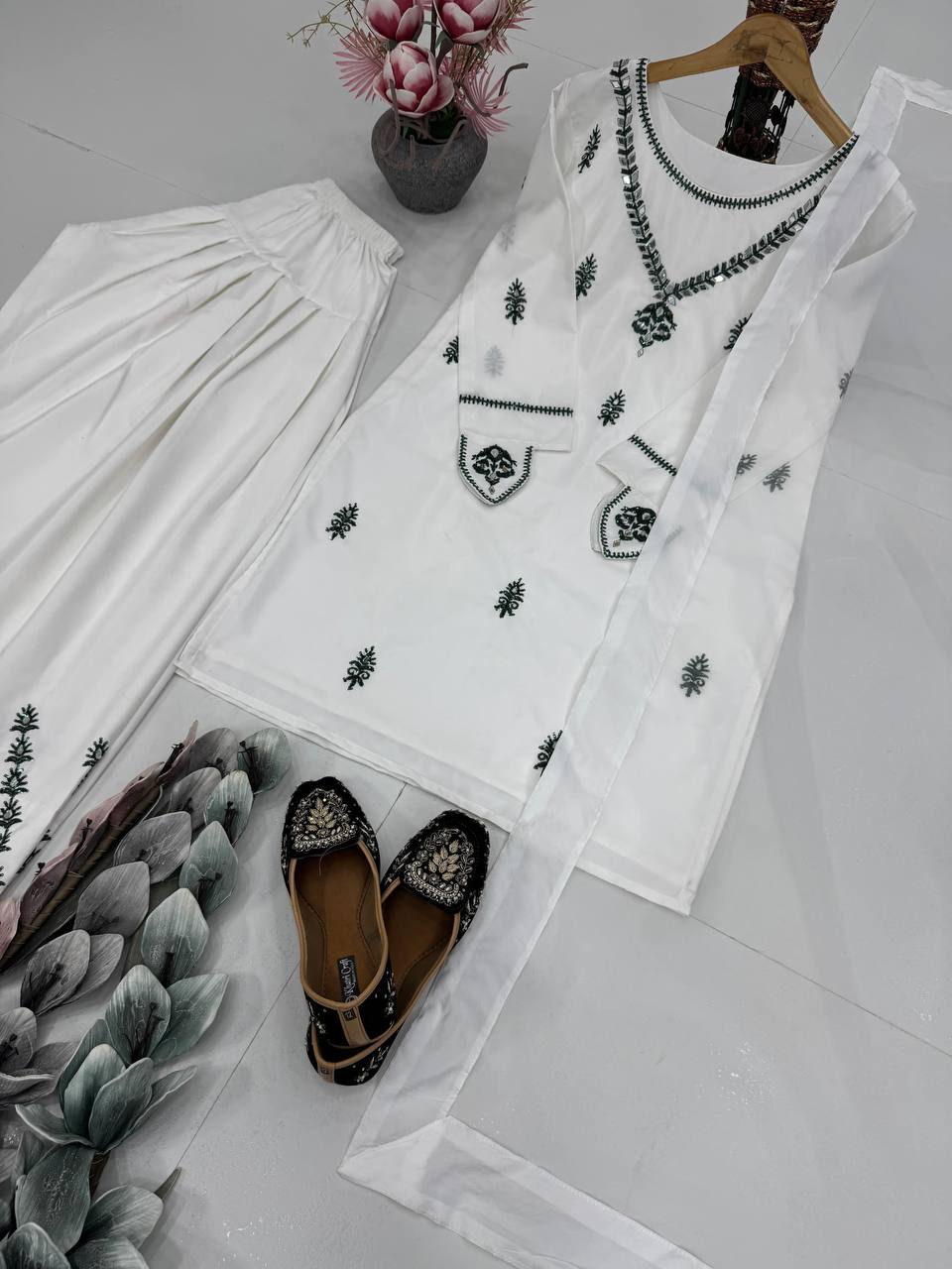 Trendy White Color Heavy Natural Crepe Embroidered Top Palazzo With Dupatta Set