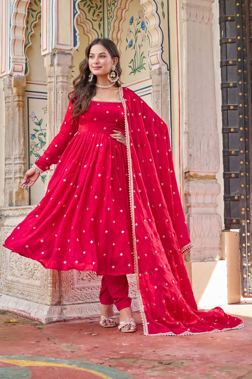 Eyes Catching Pink Color Silk Sequin Thead Work Anarkali Suit
