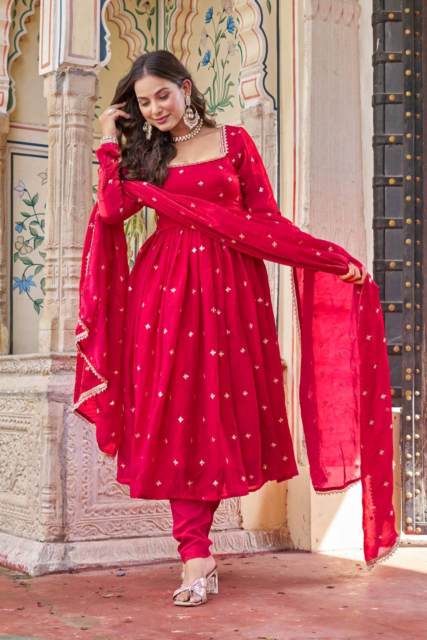 Eyes Catching Pink Color Silk Sequin Thead Work Anarkali Suit