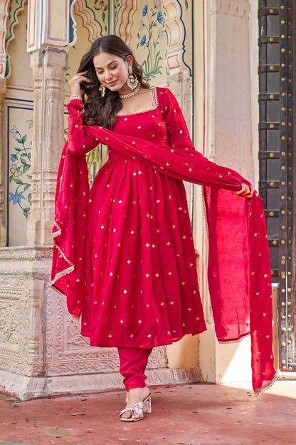 Eyes Catching Pink Color Silk Sequin Thead Work Anarkali Suit