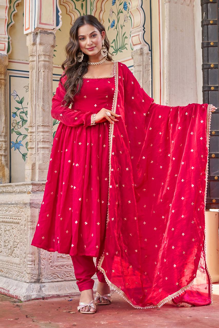 Eyes Catching Pink Color Silk Sequin Thead Work Anarkali Suit