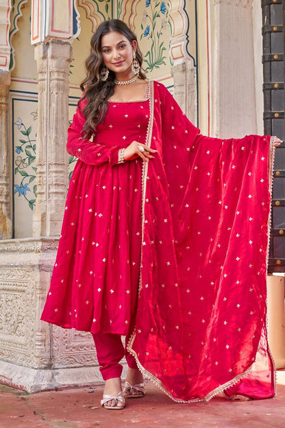 Eyes Catching Pink Color Silk Sequin Thead Work Anarkali Suit