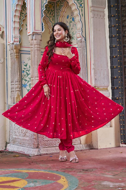 Eyes Catching Pink Color Silk Sequin Thead Work Anarkali Suit