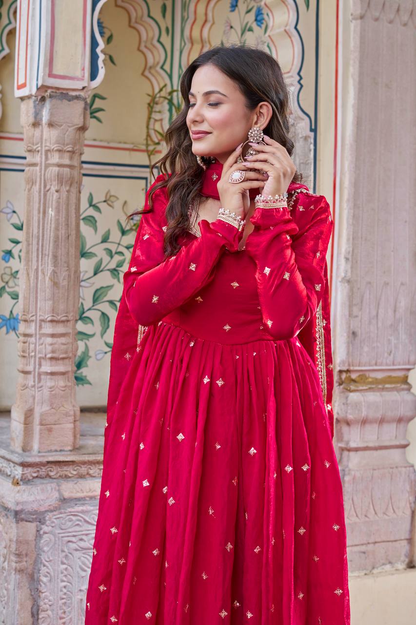 Eyes Catching Pink Color Silk Sequin Thead Work Anarkali Suit