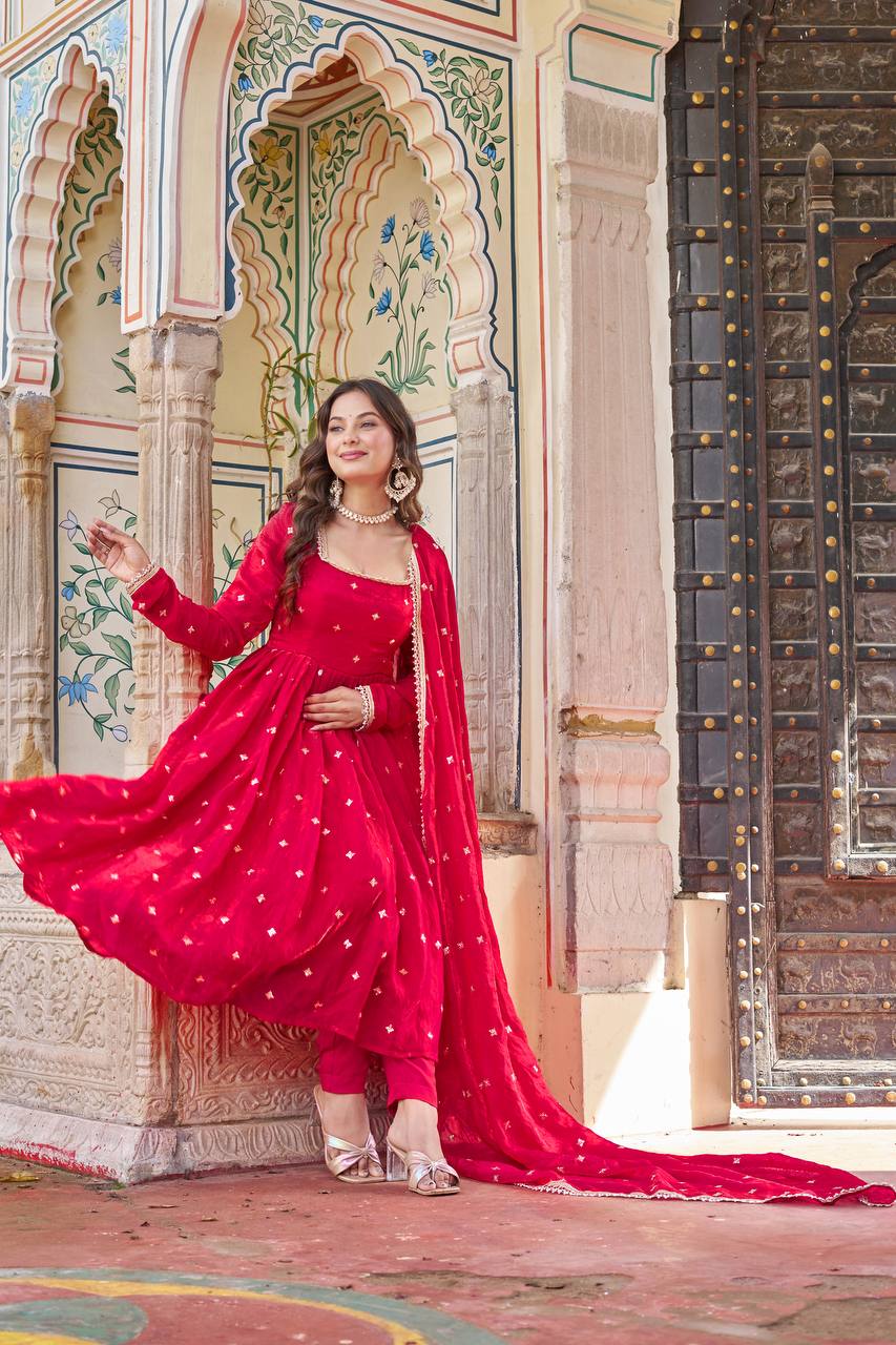 Eyes Catching Pink Color Silk Sequin Thead Work Anarkali Suit