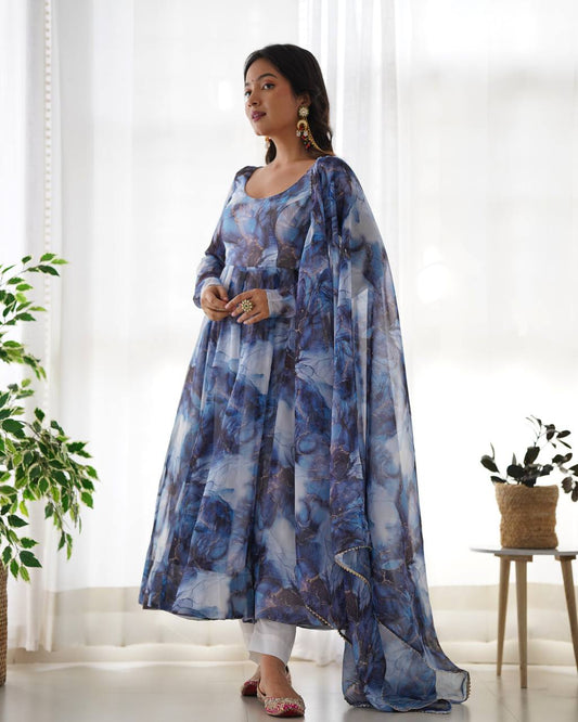 Arti Chauhan Navy Blue Color Organza Silk 3 Piece Anarkali Suit