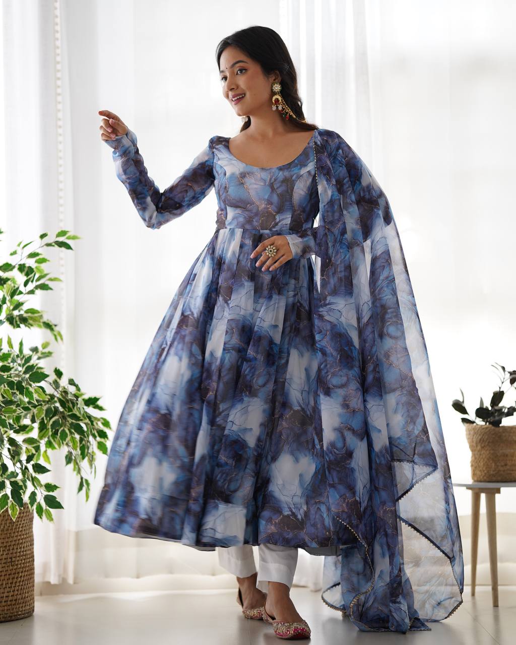Arti Chauhan Navy Blue Color Organza Silk 3 Piece Anarkali Suit