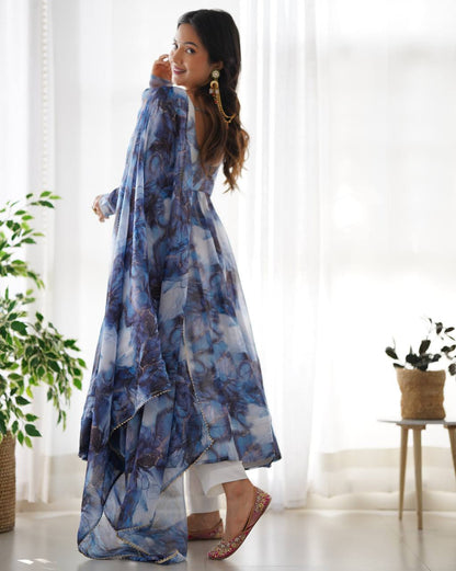 Arti Chauhan Navy Blue Color Organza Silk 3 Piece Anarkali Suit