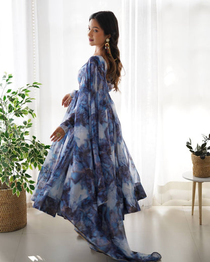 Arti Chauhan Navy Blue Color Organza Silk 3 Piece Anarkali Suit