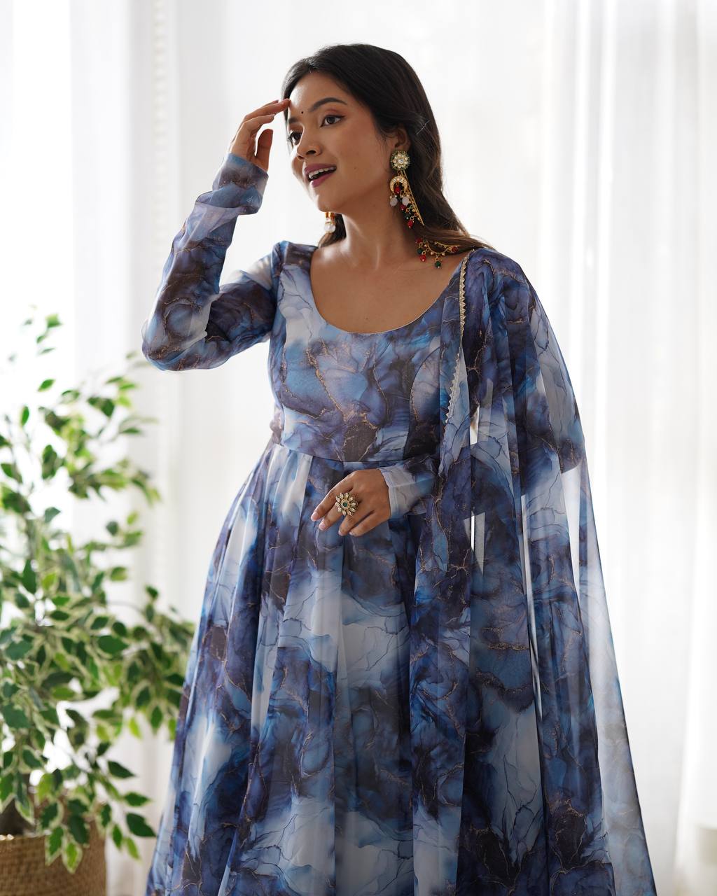 Arti Chauhan Navy Blue Color Organza Silk 3 Piece Anarkali Suit