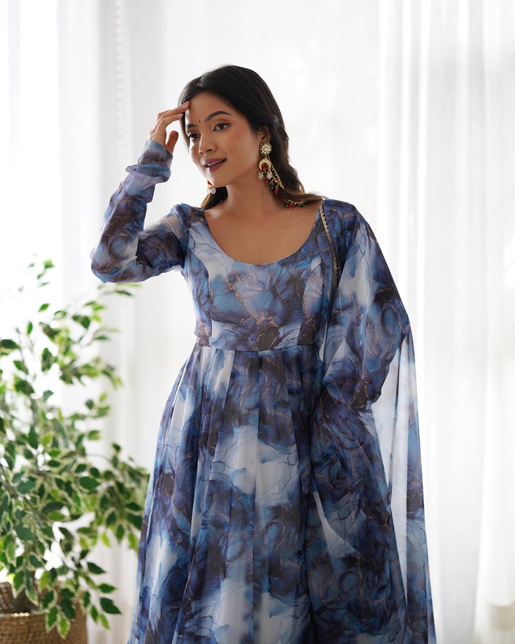 Arti Chauhan Navy Blue Color Organza Silk 3 Piece Anarkali Suit
