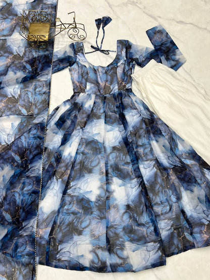 Arti Chauhan Navy Blue Color Organza Silk 3 Piece Anarkali Suit