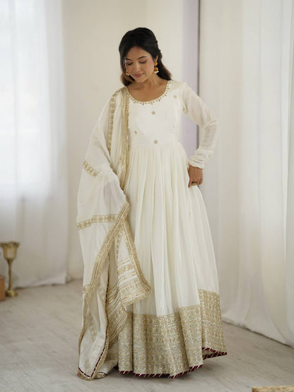 Sangeet Wear Off White Soft Chinon Silk Beautiful Thread Embroidery With Sequin Work Designer Gown