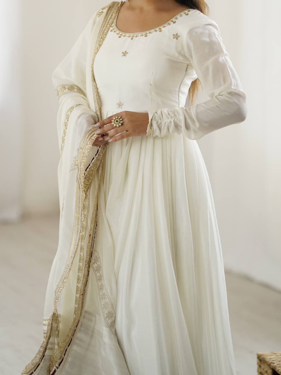 Sangeet Wear Off White Soft Chinon Silk Beautiful Thread Embroidery With Sequin Work Designer Gown