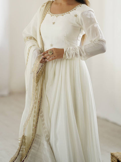 Sangeet Wear Off White Soft Chinon Silk Beautiful Thread Embroidery With Sequin Work Designer Gown
