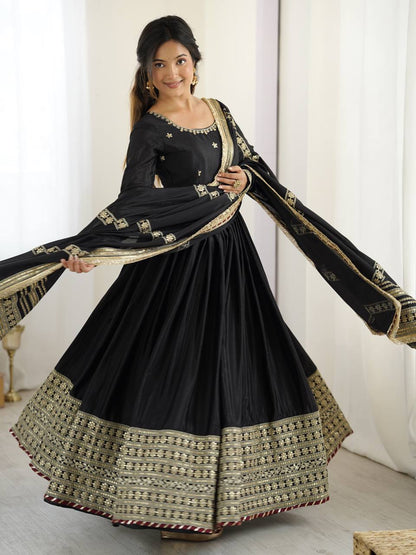 Sangeet Wear Black Soft Chinon Silk Beautiful Thread Embroidery With Sequin Work Designer Gown