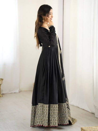 Sangeet Wear Black Soft Chinon Silk Beautiful Thread Embroidery With Sequin Work Designer Gown