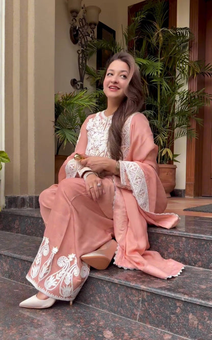 Designer Peach Color Pure Dull Satin Silk With Embroidery Work Beautiful Palazzo Suit