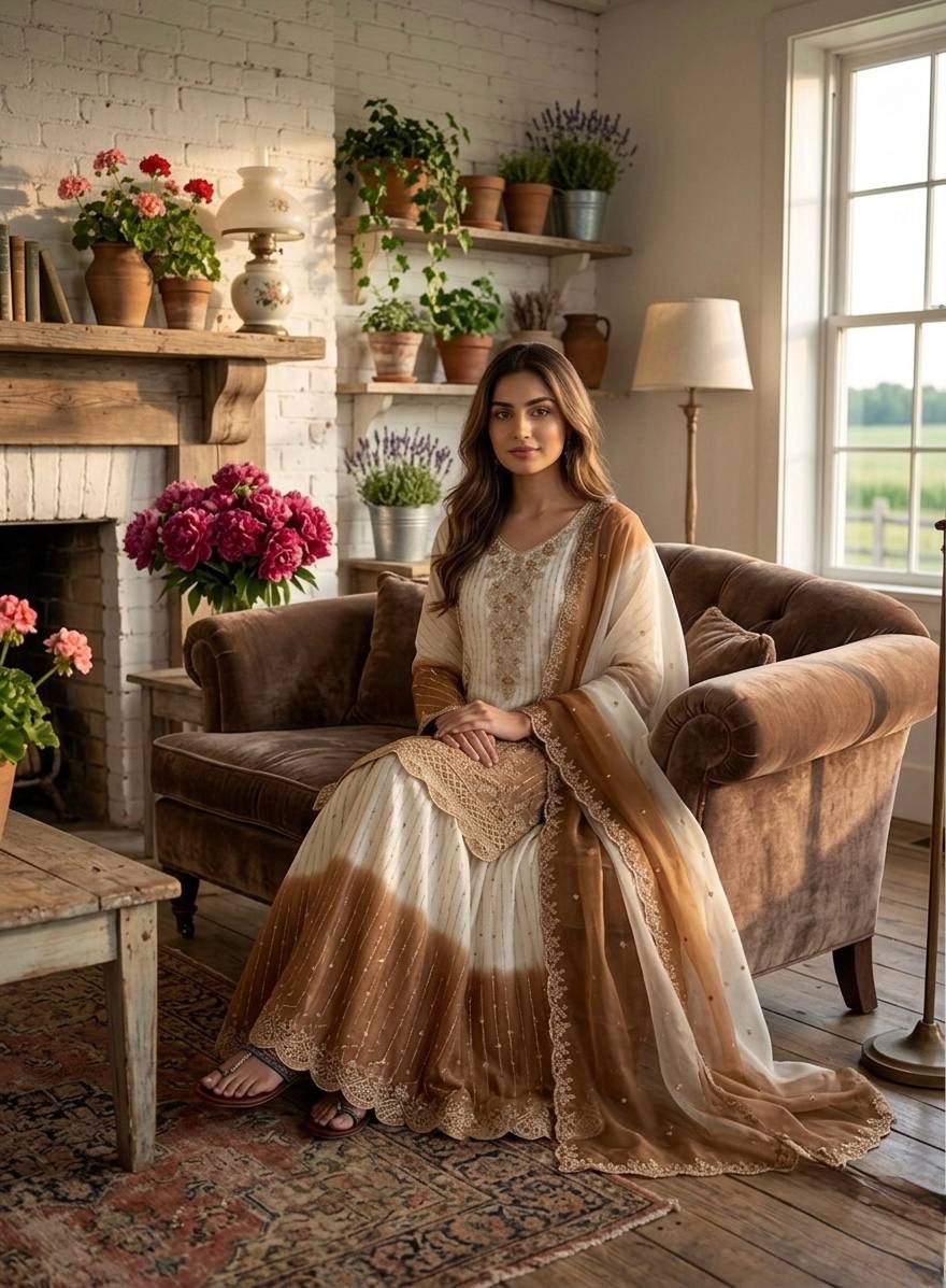 Classy Brown Heavy Embroidery Thread Work Georgette Palazzo Set