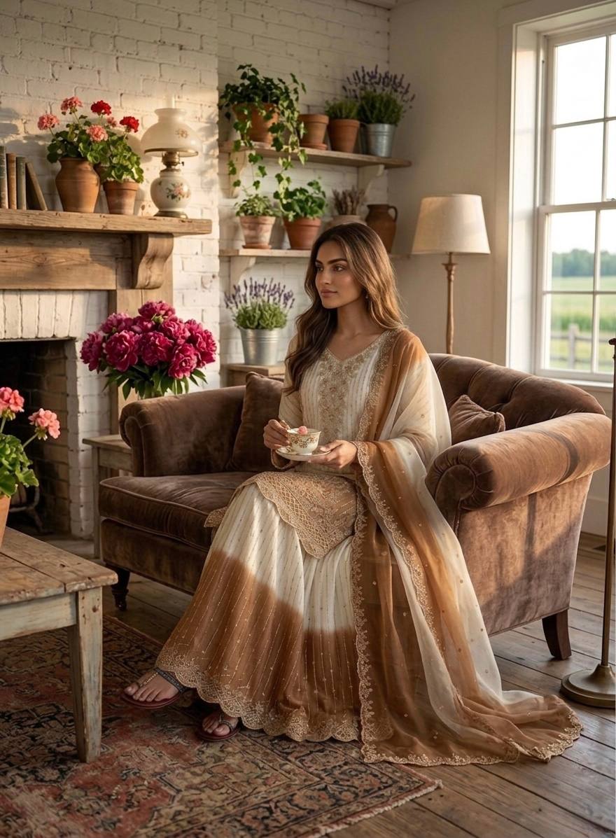 Classy Brown Heavy Embroidery Thread Work Georgette Palazzo Set