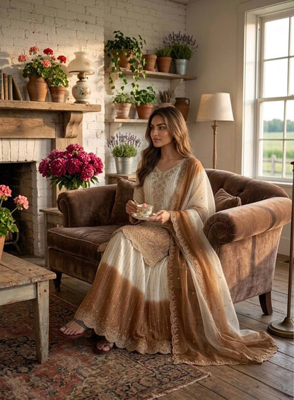 Classy Brown Heavy Embroidery Thread Work Georgette Palazzo Set