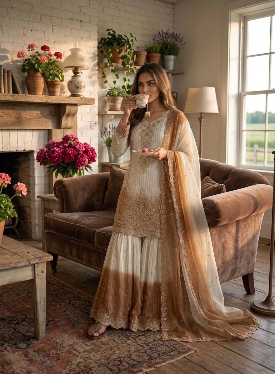 Classy Brown Heavy Embroidery Thread Work Georgette Palazzo Set