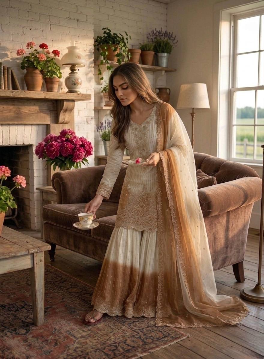 Classy Brown Heavy Embroidery Thread Work Georgette Palazzo Set