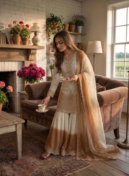 Classy Brown Heavy Embroidery Thread Work Georgette Palazzo Set