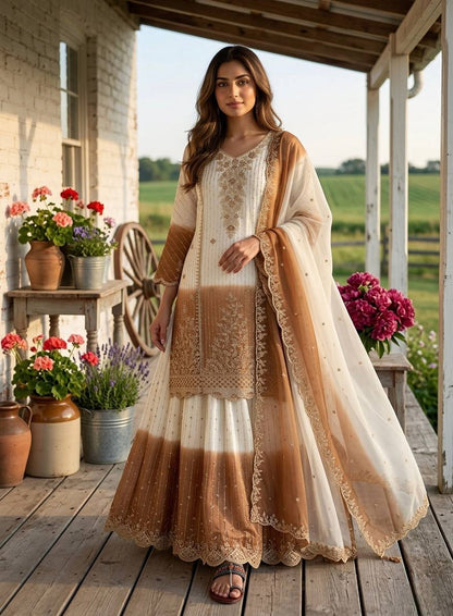 Classy Brown Heavy Embroidery Thread Work Georgette Palazzo Set