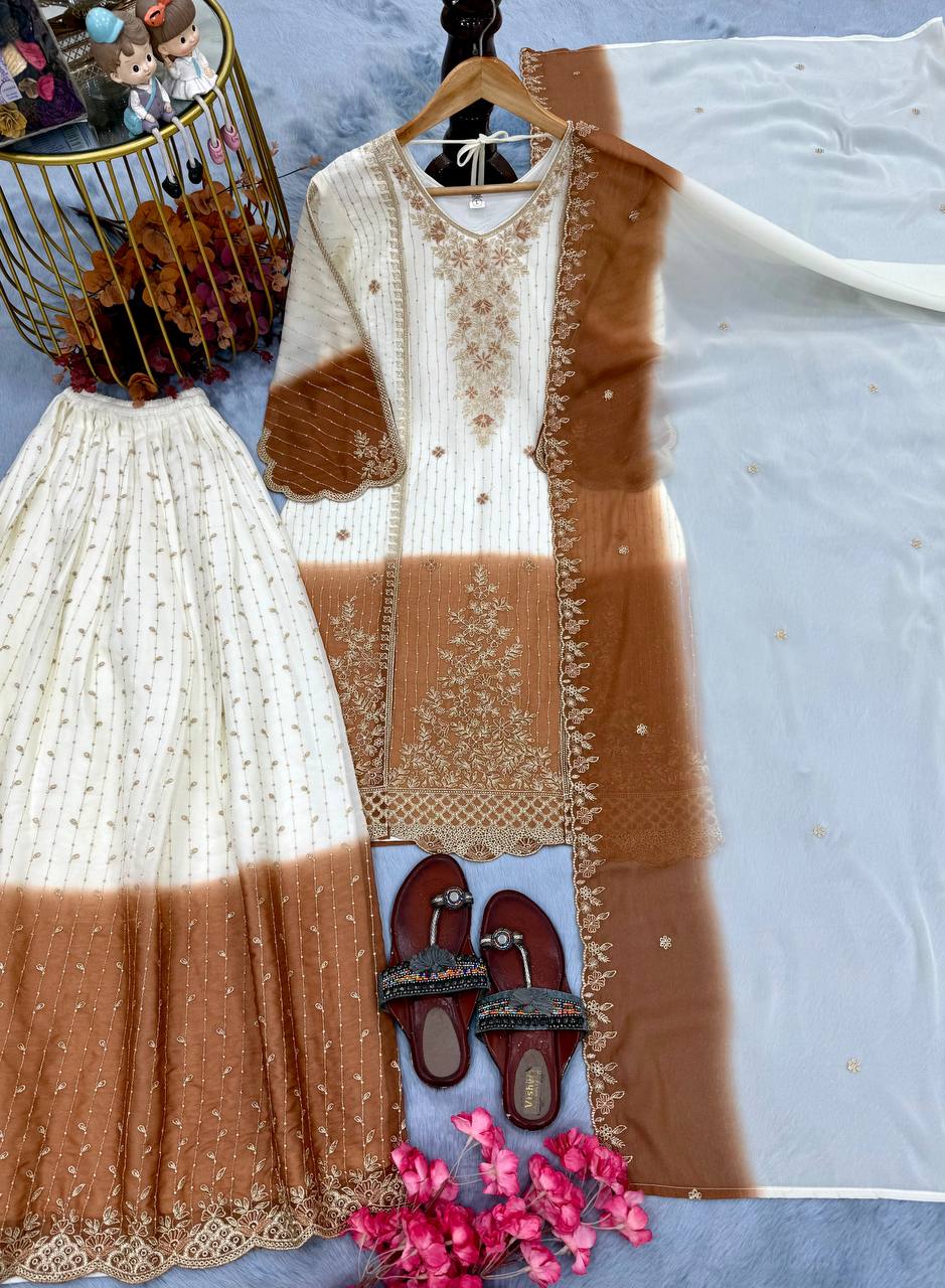 Classy Brown Heavy Embroidery Thread Work Georgette Palazzo Set