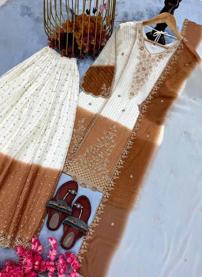 Classy Brown Heavy Embroidery Thread Work Georgette Palazzo Set
