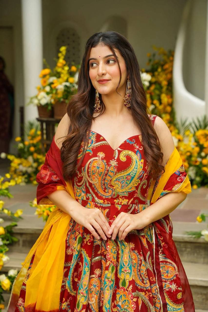 Wedding Wear Multi Color Organza Floral Print Anarkali Gown Set