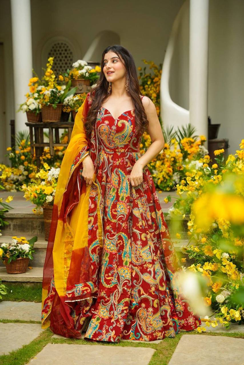 Wedding Wear Multi Color Organza Floral Print Anarkali Gown Set