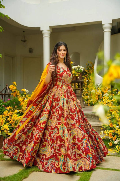 Wedding Wear Multi Color Organza Floral Print Anarkali Gown Set