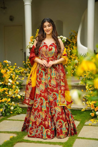 Wedding Wear Multi Color Organza Floral Print Anarkali Gown Set
