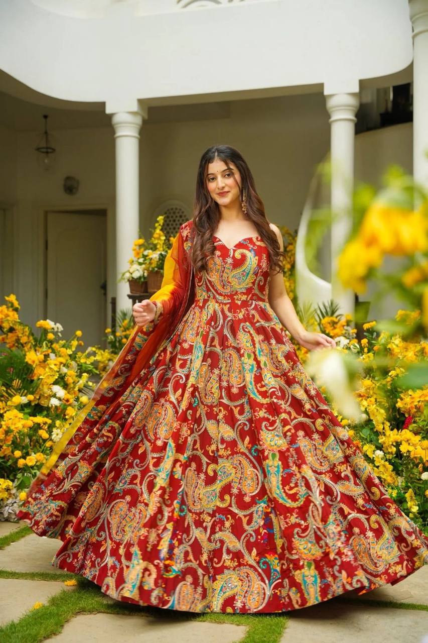 Wedding Wear Multi Color Organza Floral Print Anarkali Gown Set