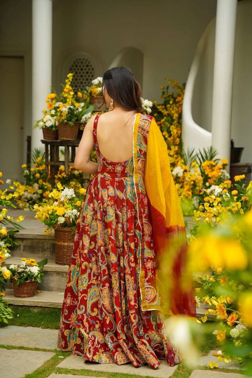 Wedding Wear Multi Color Organza Floral Print Anarkali Gown Set