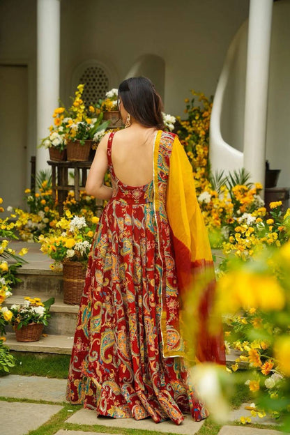 Wedding Wear Multi Color Organza Floral Print Anarkali Gown Set