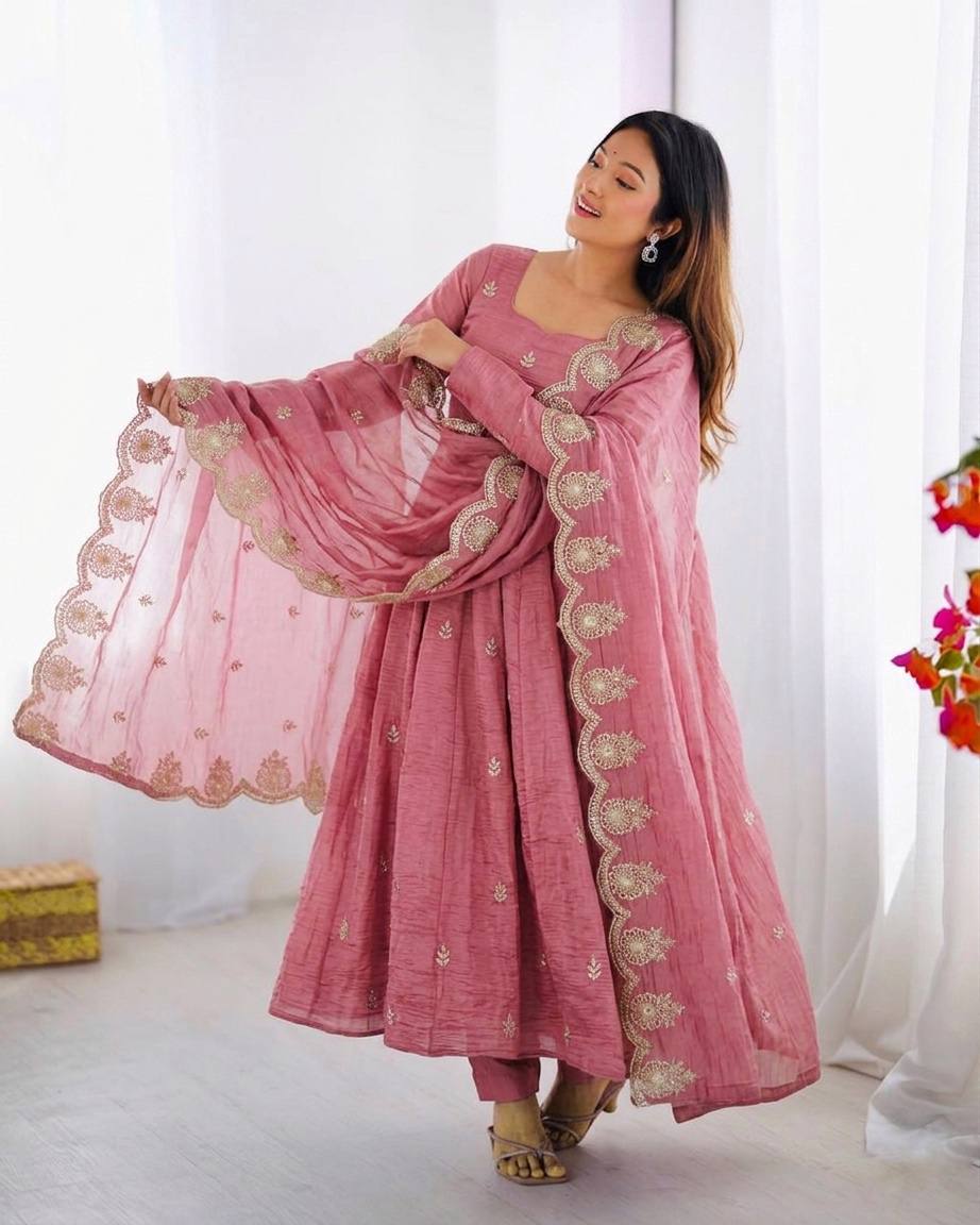 Party Wear Pink Color Heavy Embroidery Sequin Work Silk Anarkali Set