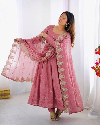 Party Wear Pink Color Heavy Embroidery Sequin Work Silk Anarkali Set